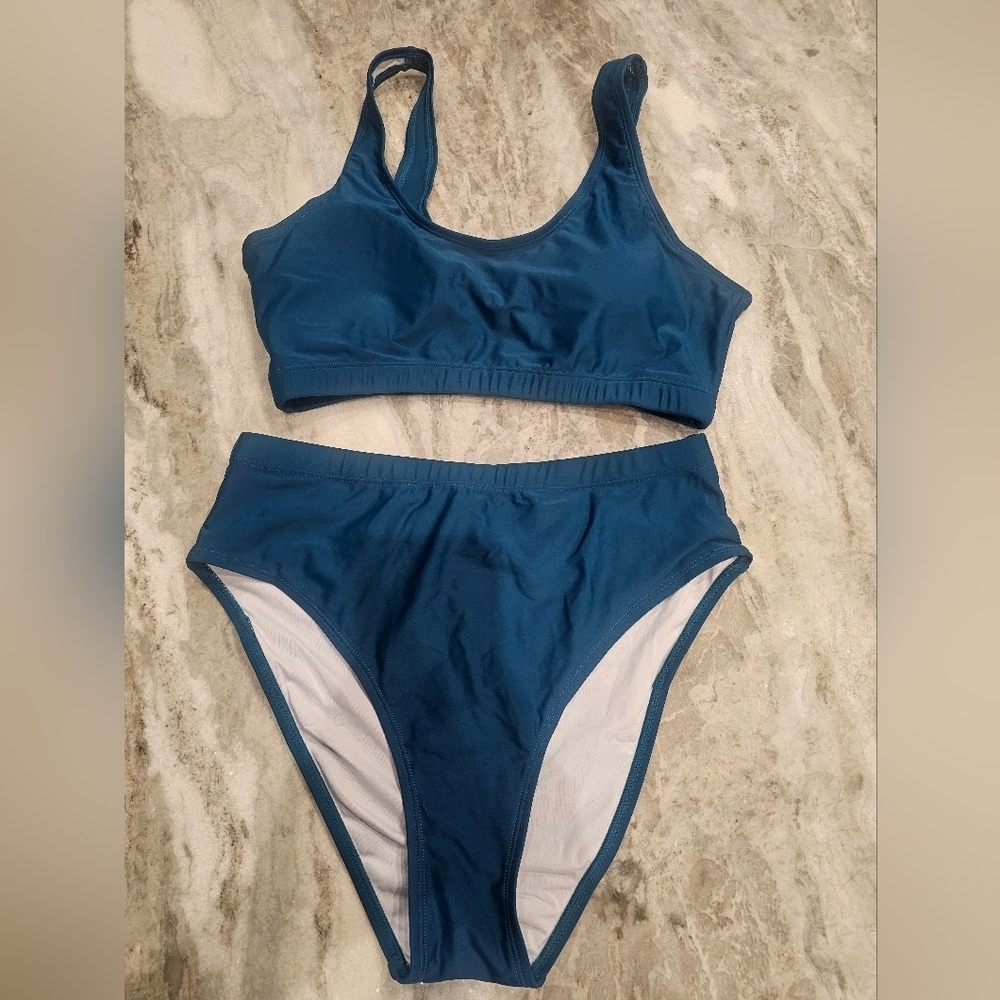 NWT! TEMPT ME womens 2 piece TEAL high waist athletic bikini set size MEDIUM